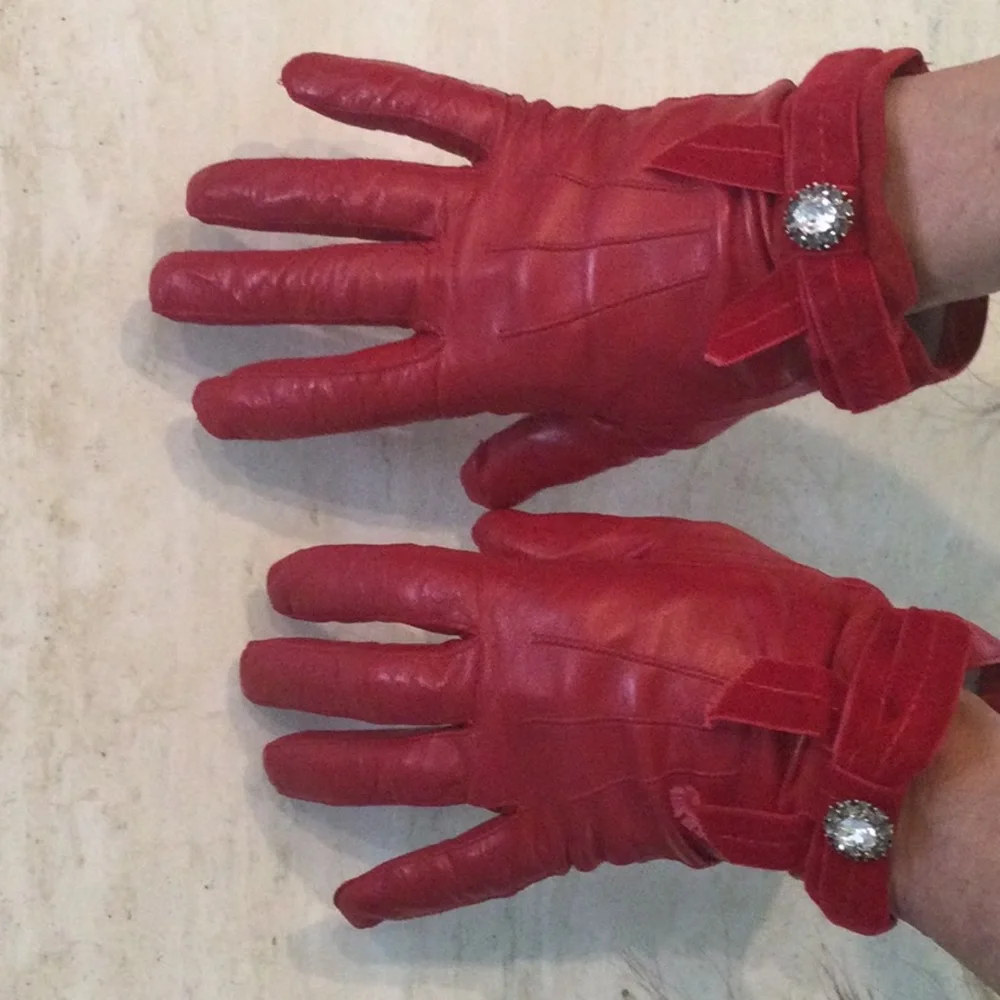 Vintage Coach Red Leather Gloves Silk Lining Women Size 8 Velvet Trim Rhinestone